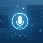 Stylized graphic of a microphone surrounded by circuit patterns and digital elements, representing AI voice technology.
