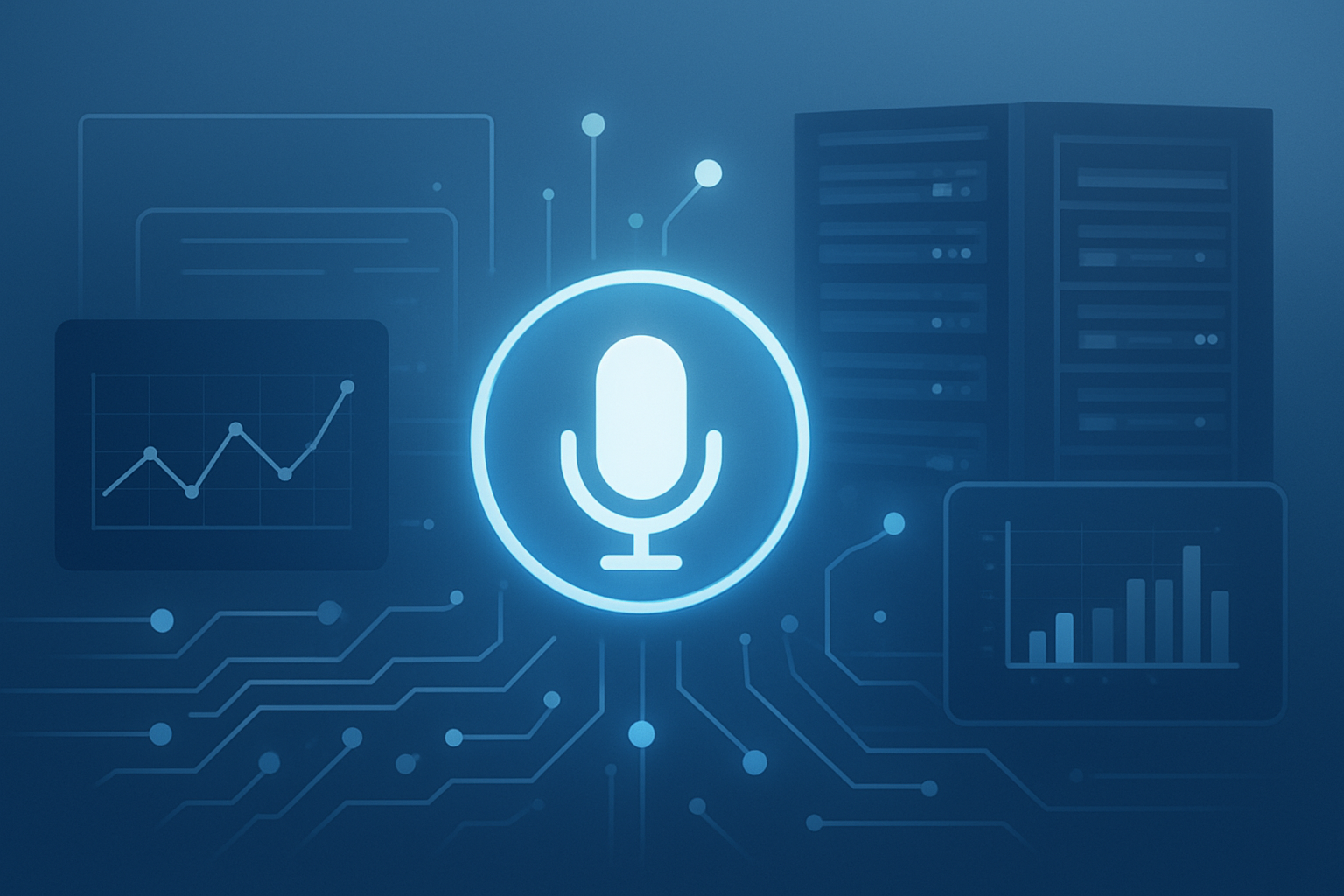 Stylized graphic of a microphone surrounded by circuit patterns and digital elements, representing AI voice technology.