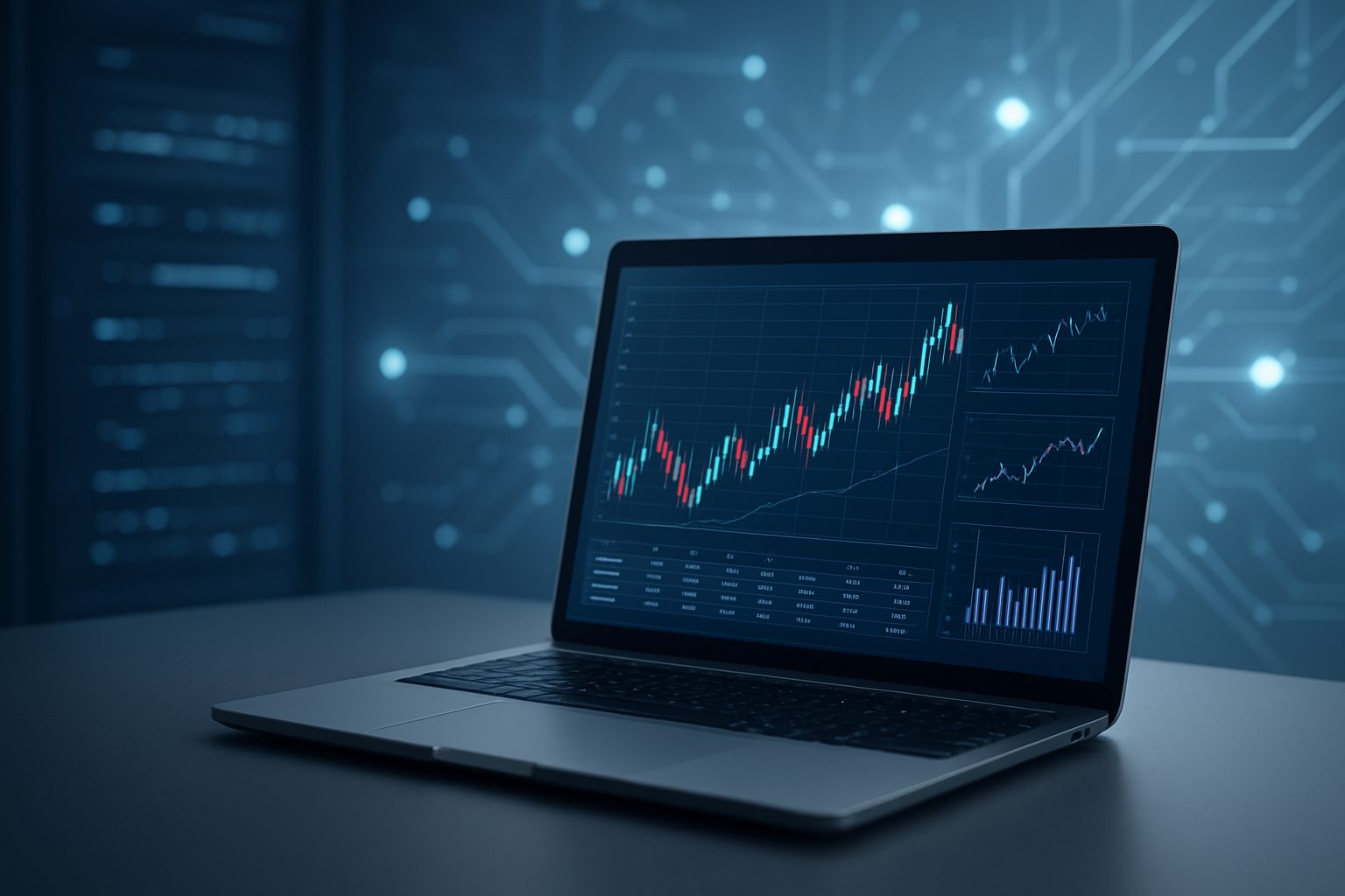 Close-up of a laptop displaying trading charts and data